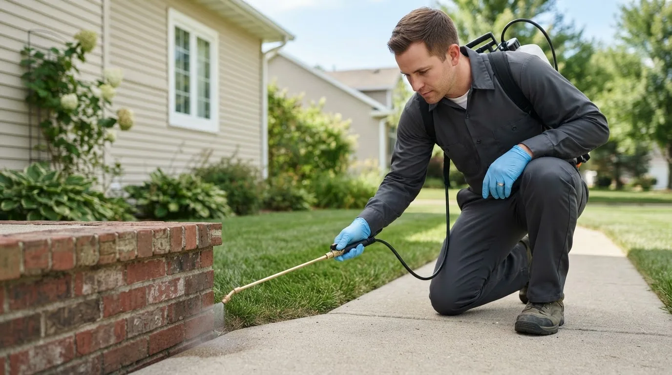 Pest control technician treating a home near Raymond, MN