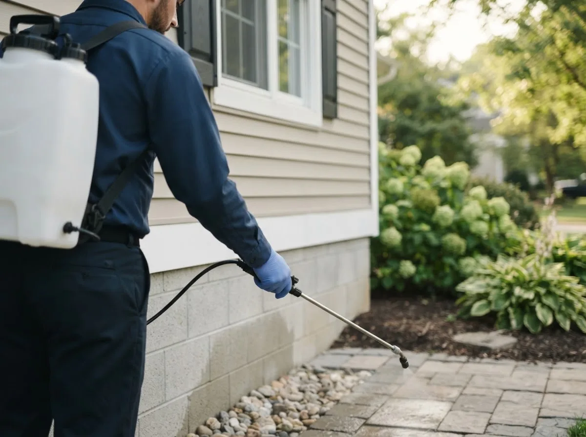 Pest control technician inspecting a home in Raymond, MN